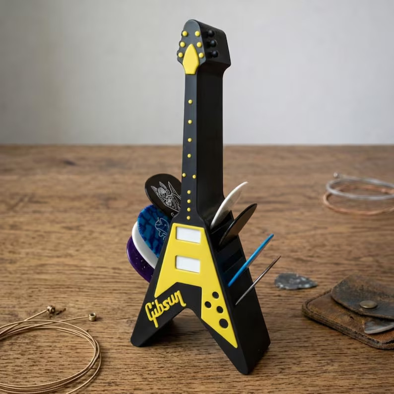 Flying V Guitar Pick Holder | Matte Grey Music Desk Organizer