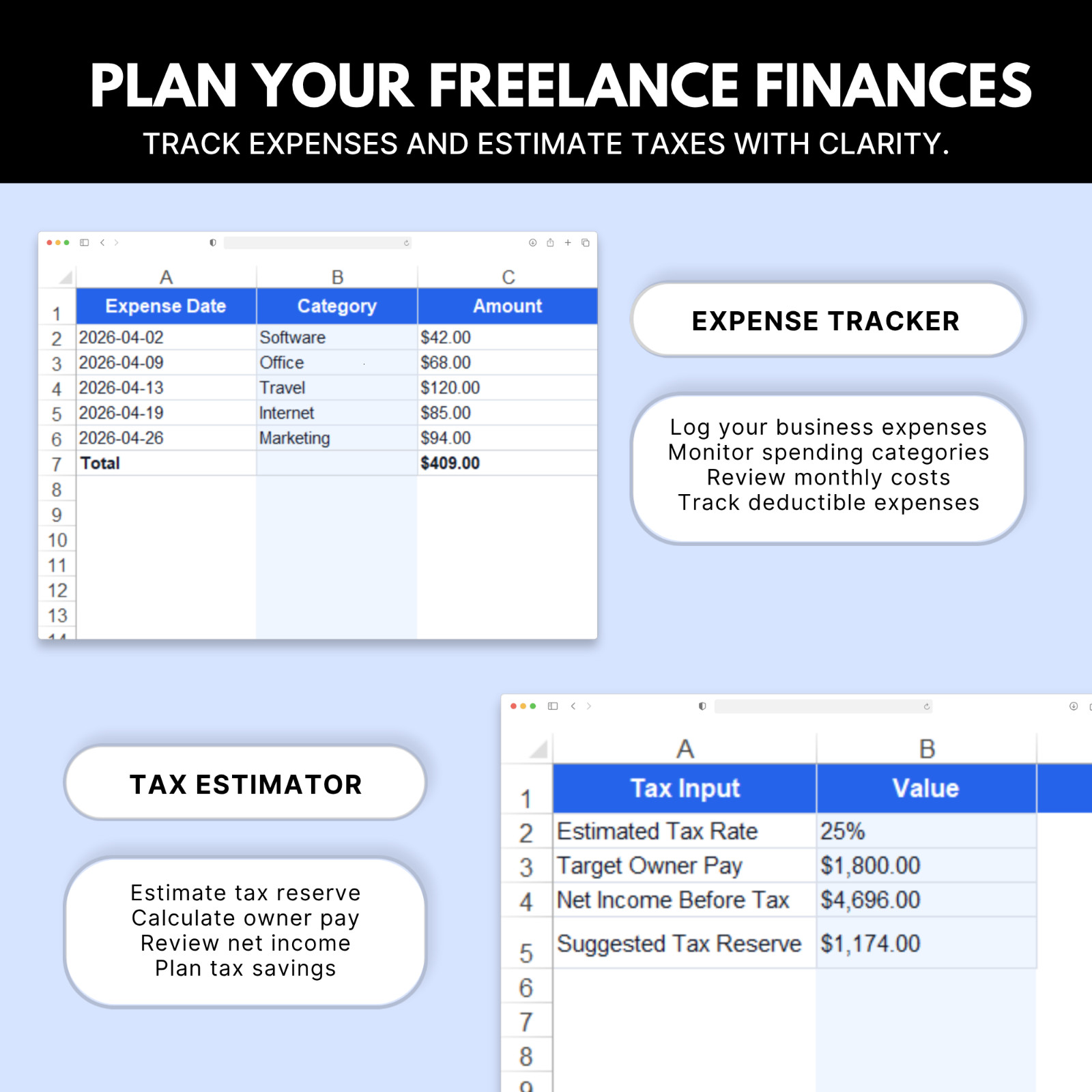 Freelancer Spreadsheet | Income Tracker, Expense Tracker, Tax Estimator