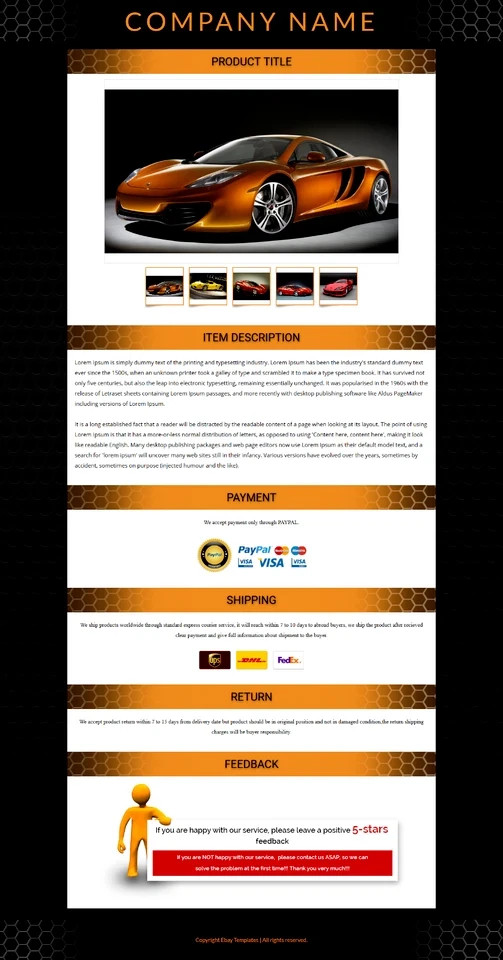 eBay Mobile Responsive Listing Templates Auction Gallery Html for Automobiles