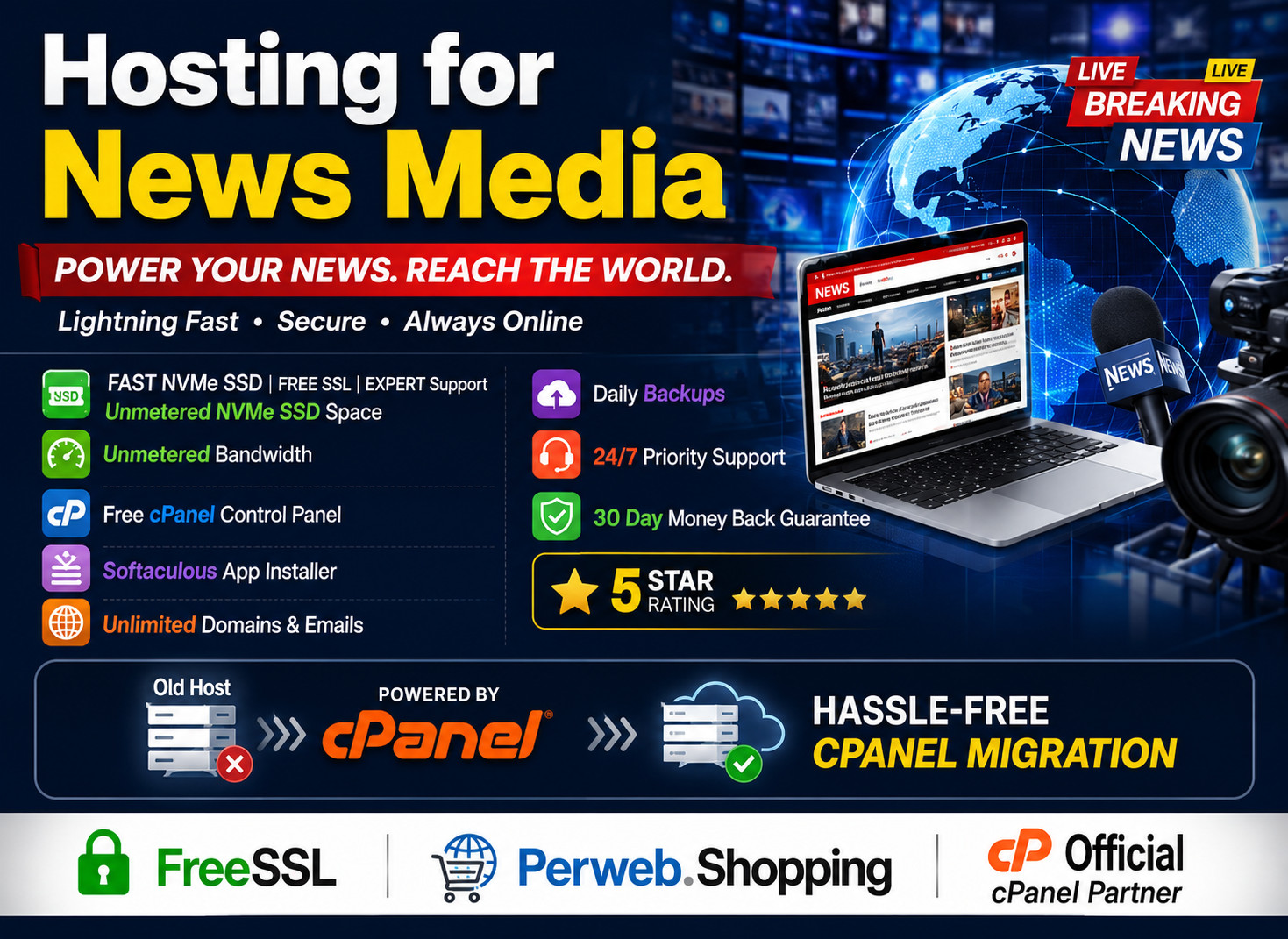 Hosting for News Media – 📰Unlimited SSD | Free SSL | Power Hosting | $14.99/Yr