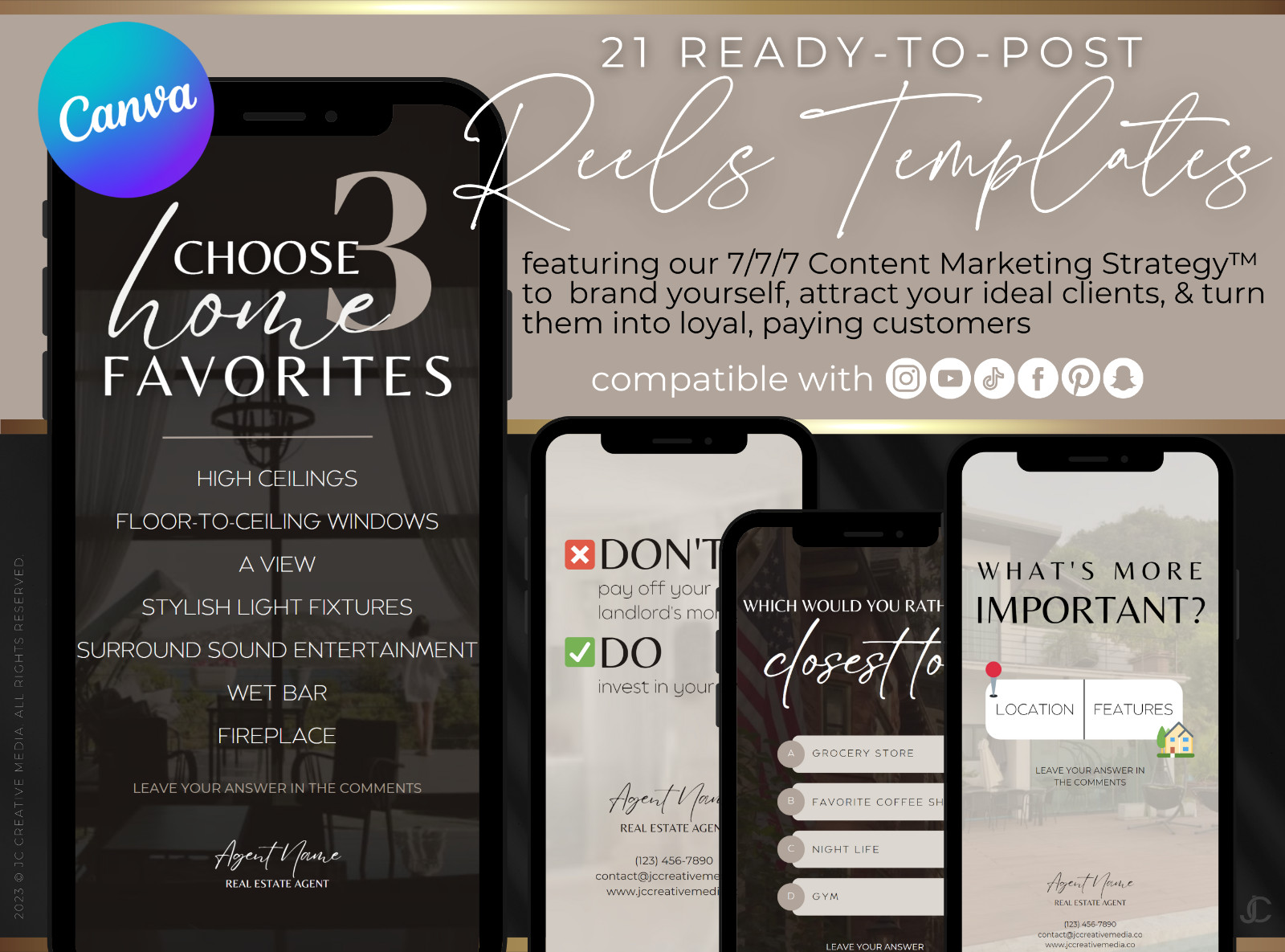 21 Real Estate Marketing Reels. VOL. 1 – Canva Video Templates (Brown / Black)