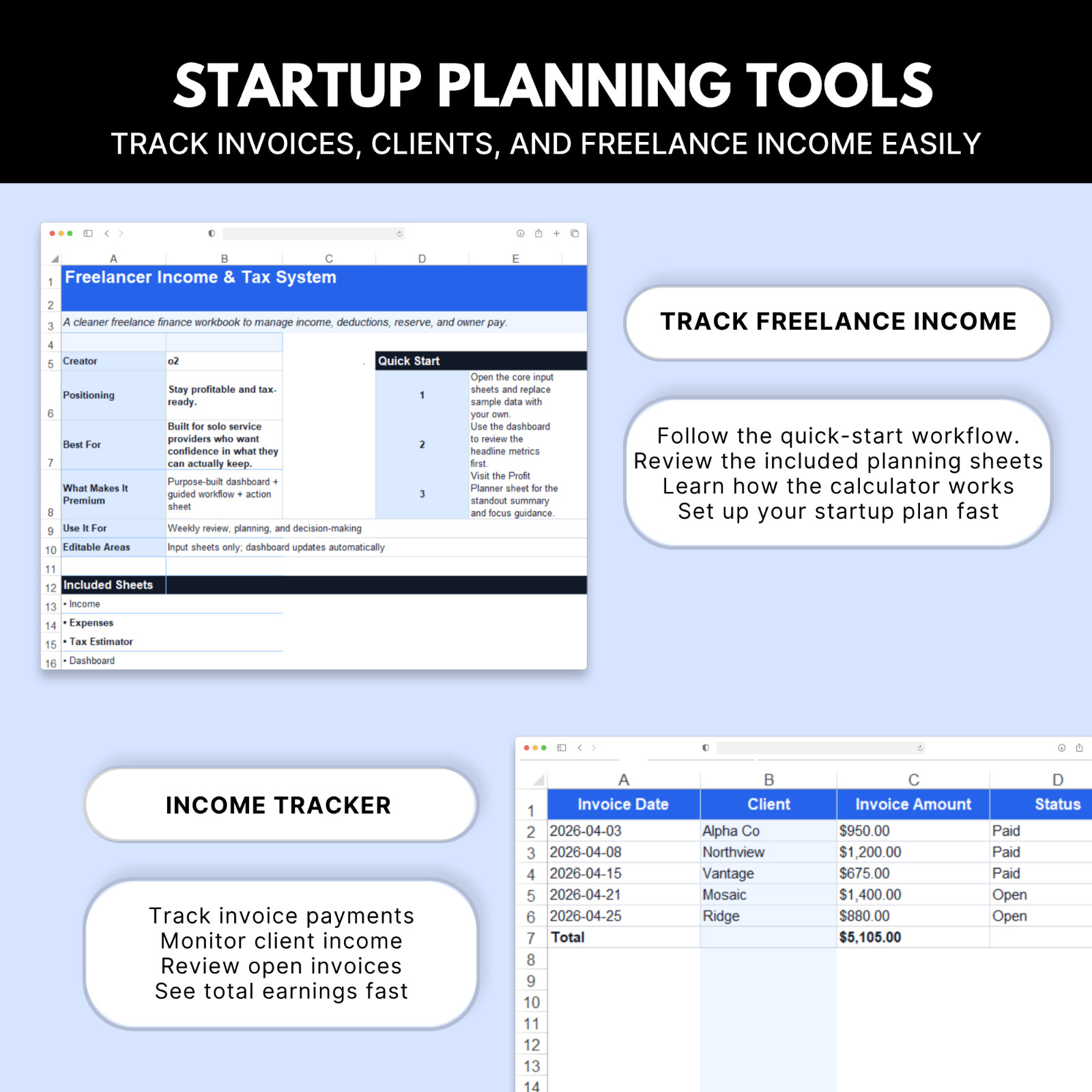 Freelancer Spreadsheet | Income Tracker, Expense Tracker, Tax Estimator