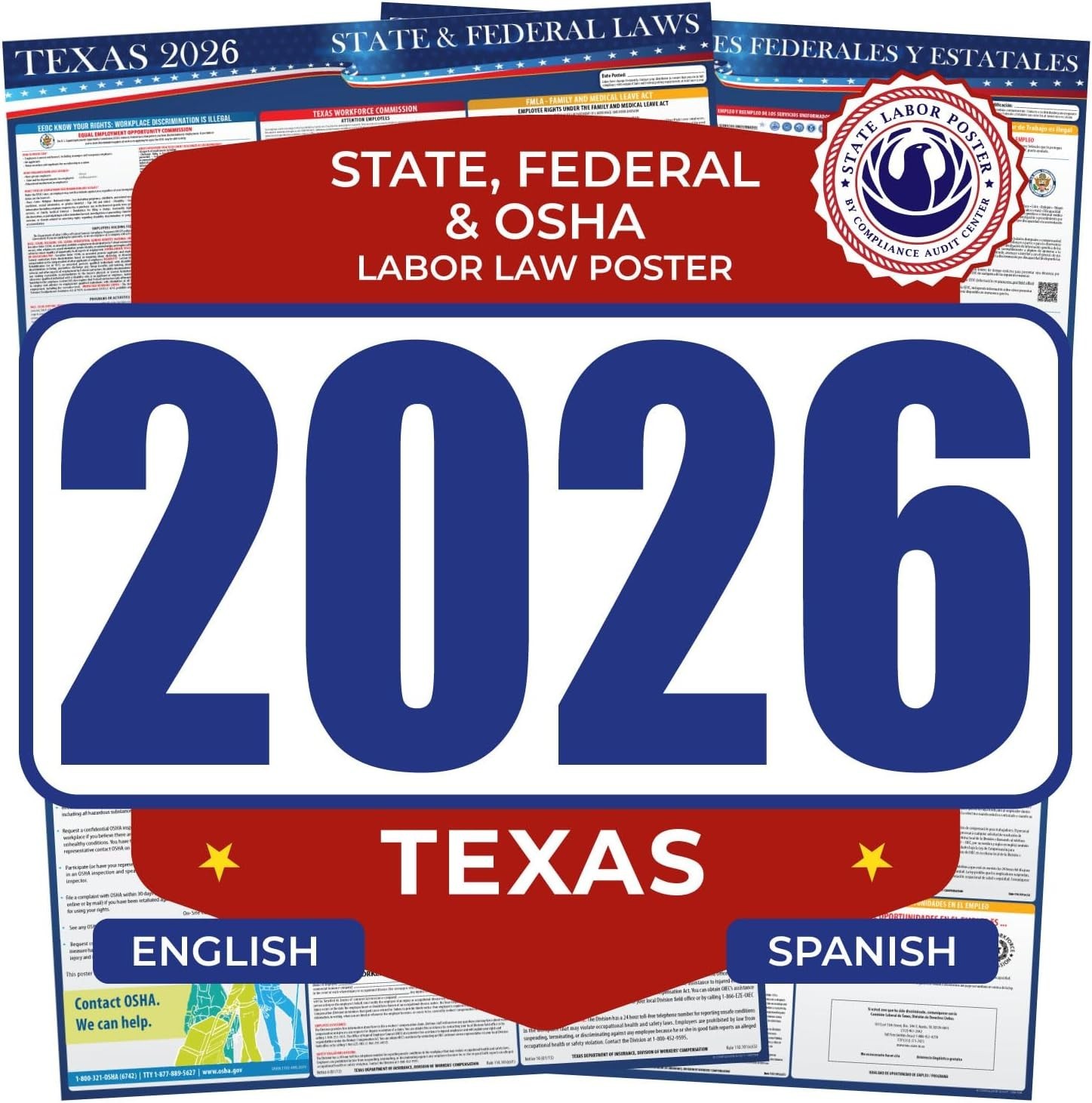 2026 Texas State and Federal Labor Law Poster – English Spanish Combo – OSHA 128