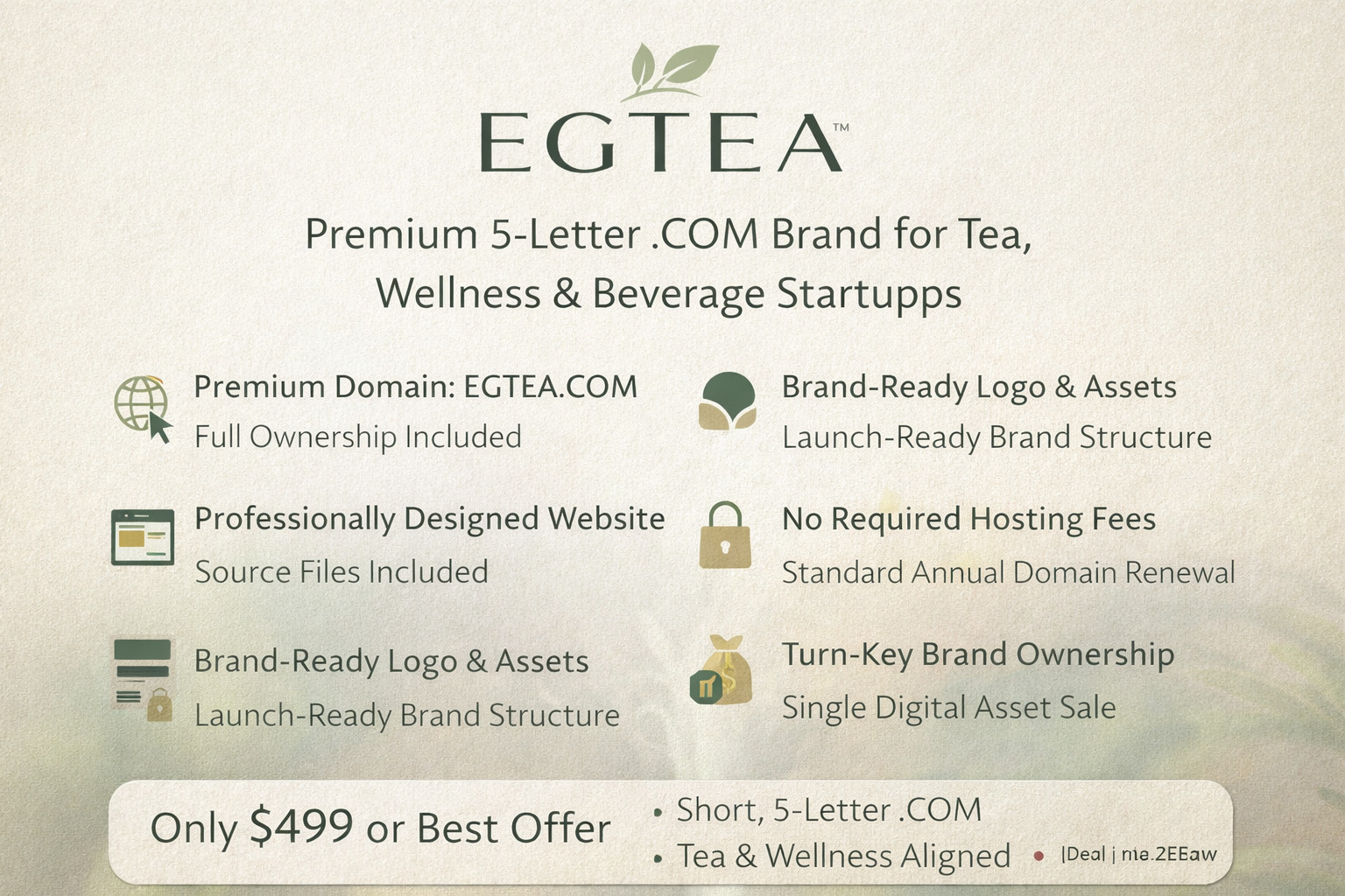 EGTEA™ 5 Letter EGTEA.COM Domain + Website Brand | Tea Wellness Beverage Startup