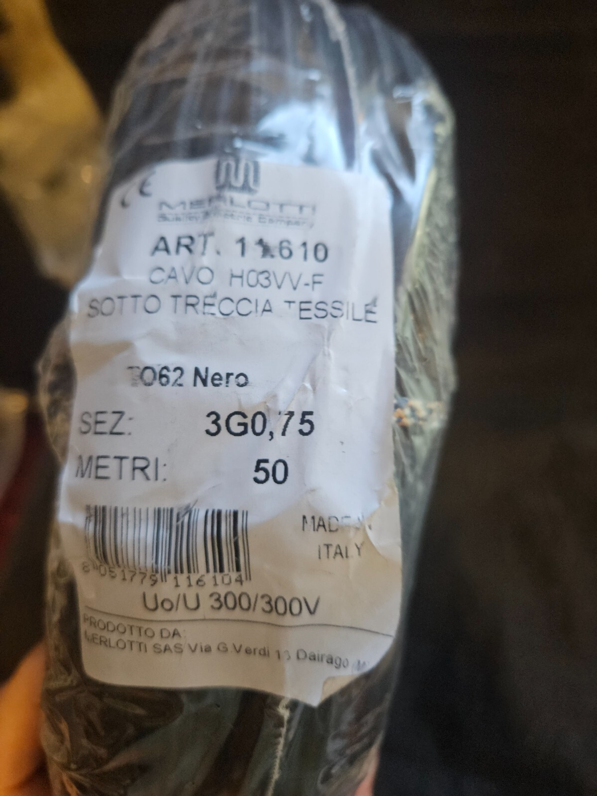 Merlotti Cable Electronic Round Textile- H03vv-F Cable T062 Black- 50M (16757)