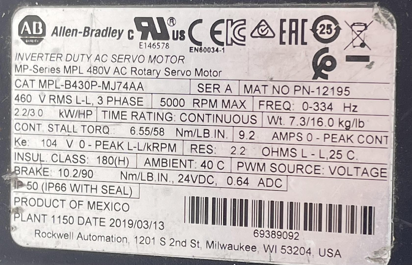 Allen-Bradley MPL-B430P-MJ74AA Ser A